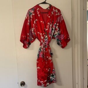 Floral Red Satin Kimono Robe with Tie-Waist